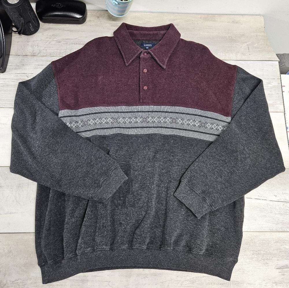 Liberty XXL Colorblock Collared Sweater Burgundy Gray Retro 90s Oversized Vtg.